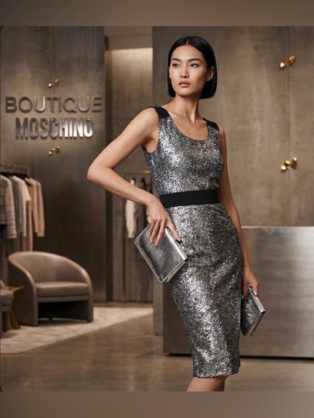 Authentic Boutique Moschino luxury designer black & metallic cocktail dress sz 6